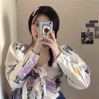 เสื้อท็อปแขนยาว ลายดอกสวยมาก ดีเทลผูกเชือกด้านหน้า🤍