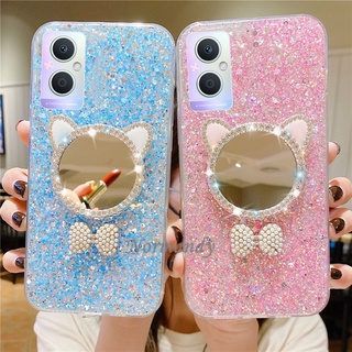 เคสโทรศัพท์ 2022 New Casing OPPO Reno7 Z / Reno6 Z 5G Fashion Shiny Sequins Phone Case Diamond Cat Ears Makeup Mirror TPU Soft Case Vivo V23 5G เคส