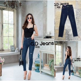 G.D.Jeans รุ่น 8315#กางเกงยีนส์ขายาวผ้ายืดฮ่องกงสีเข้มเล่นขาดติดป้ายหนังข้างกระเป๋าแบบดูเก๋ๆ