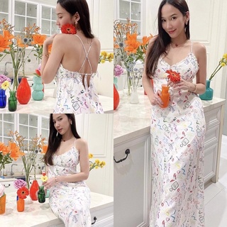 Maxidress เดรสสายเดี่ยวลายการ์ตูน เดรสแม่อั้ม  โชว์หลัง เรียบหรู เดรสกระโปรง ชุดแม่อั้ม งานป้าย