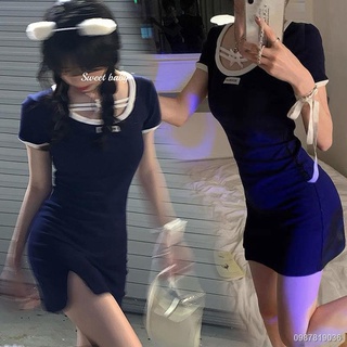 🍒สต็อกสินค้า🏂Bow Knot Dress ผู้หญิงใหม่ Sweet Spice Slim กระโปรงสั้นแยกกระโปรงสะโพก