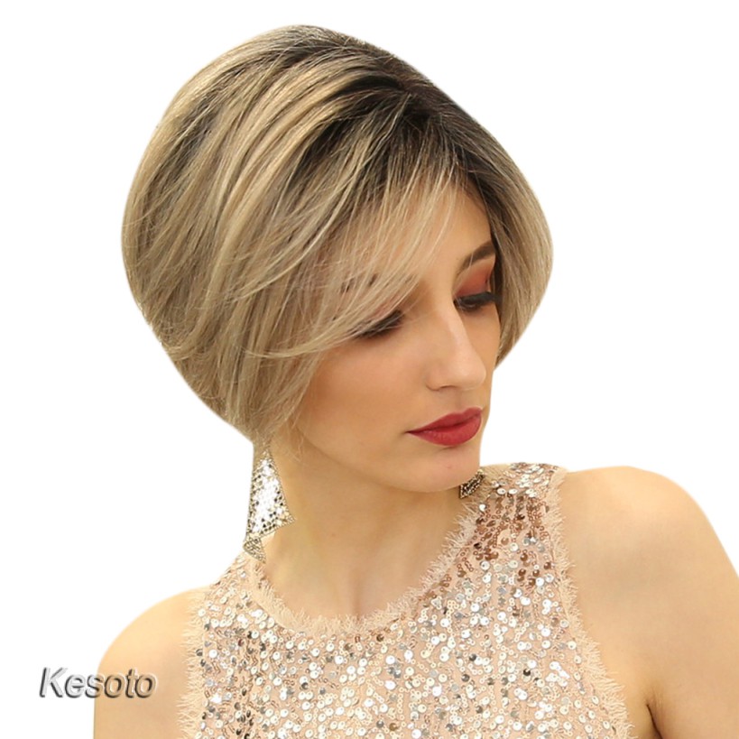 Women Blonde Black Short Bob Wig Human Hair Side Part Fluffy