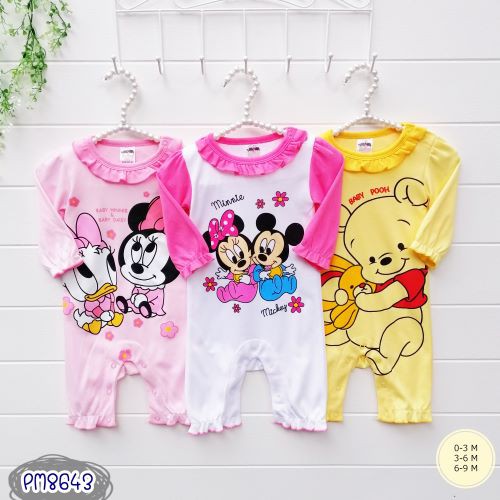 PM8643 	ชุดหมียาวเปิดเท้า 3 ตัว (Romper ยาว) ลาย Minnie มินนี่ คอระบาย