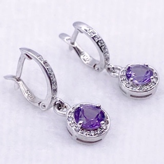 L6406 ต่างหูพลอยอเมทิสต์แท้ ( Amethyst ) แบบอิงลิชล็อค ตัวเรือนเงินแท้ 925 ชุบทองคำขาว