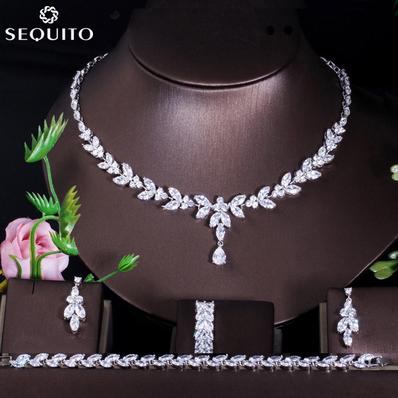 SEQUITO Elegant 4 ชิ้น Brilliant Cubic Zircon สร้อยคอต่างหูแหวนและสร้อยข้อมือแต่งงานเจ้าสาวชุดเครื่องประดับชุดอุปกรณ์เสริม JS183