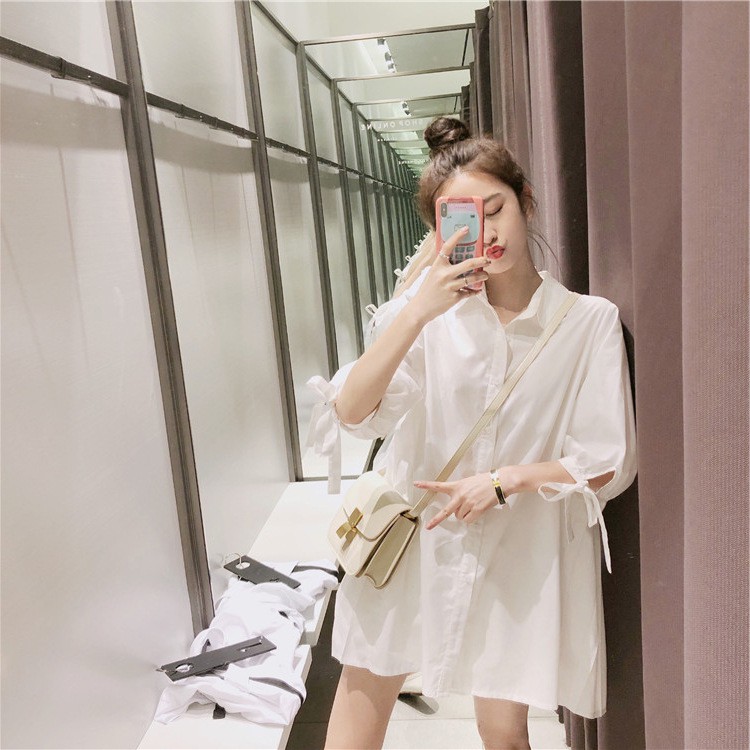 2816 เสื้อเชิ้ตตัวยาว แขนยาว สีพื้นสีขาวทรงมินิเดรส ทรงหลวม