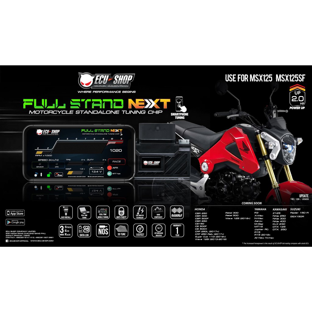 Fullstand Next - MSX 125 / MSX 125SF กล่องเพิ่มแรงม้า กล่องไฟ สำหรับมอเตอร์ไซค์ จูนผ่านมือถือ จาก ECU=SHOP