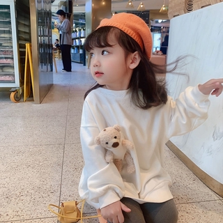 เสื้อกันหนาวแขนยาว มีฮู้ด ลายหมี สีขาว สไตล์เกาหลี สําหรับเด็กผู้หญิง ชุดเด็กผู้หญิง
