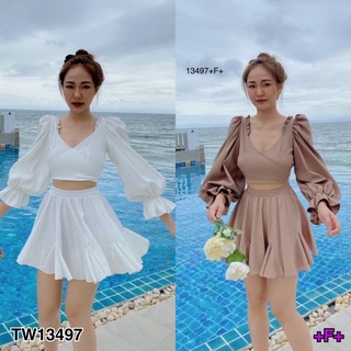 TW13497 Set 2 ชิ้น เสื้อครอปแขนยาว หลังผูกโบว์ ช่วงไหล่แต่ระบาย กระโปรงสั้นเอวสม้อค เสื้อผ้าซาร่า กระโปรงผ้าไหมอิตาลี