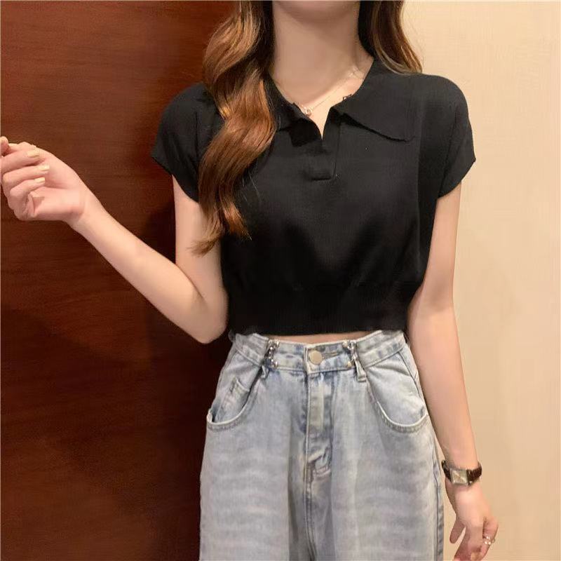 💕Miki-Shop*😍พร้อมส่งเสื้อคอปกแขนสั้น เสื้อครอปไหมพรม ของแท้ เนื้อผ้าเกรดดี แฟชั่นสไตล์เกาหลีBZ238*