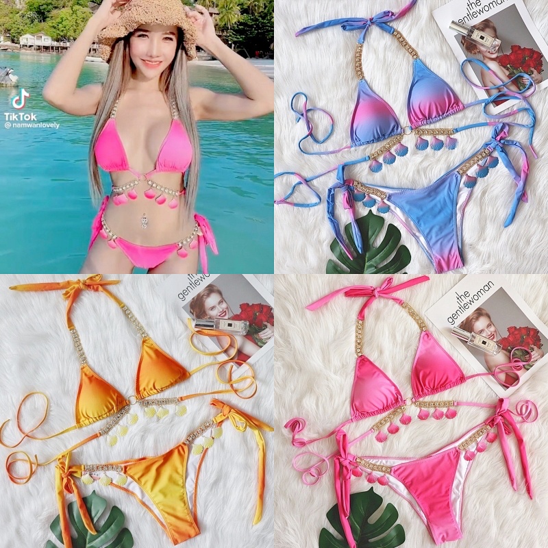 BikiniTime (S,M,L) SB200 มี5สี บิกินี่หอยสุดอลัง ทูพีซ งานพรีเมี่ยม ตกแต่งเปลือกหอยสุดคิ้วท์ มีฟองน้ำเสริม ชุดว่ายน้ำ