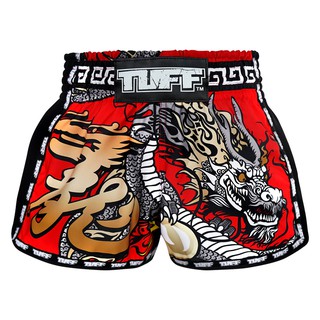 TUFF มวยไทย กางเกงมวยไทย เรโทร สีแดง ลายมังกร TUFF Muay Thai Boxing Shorts New Retro Style Red Chinese Dragon