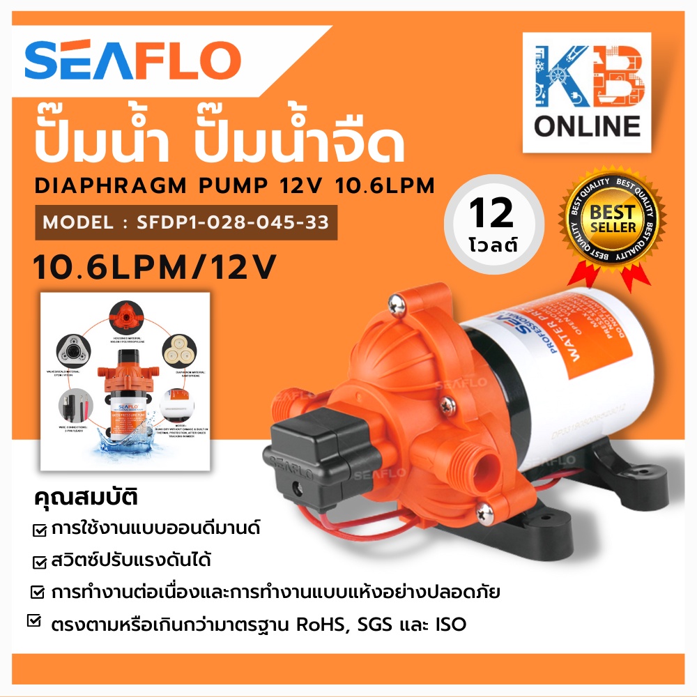 SEAFLO ปั๊มน้ำจืด DC 12V ไดอะแฟรมแรงดันสูง อัตโนมัติ 10.6LPM (10.6–11.3 ลิตร/นาที) ซีรี่ย์ 33  SFDP1-028-045-33 ของแท้