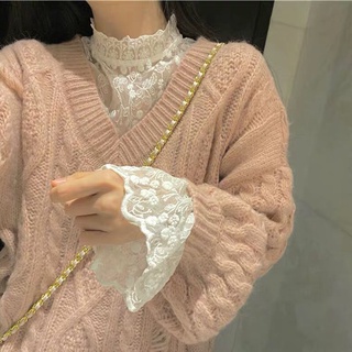 [2021][Hot】Underwear Lace Blouse Long Sleeve Mesh Exquisite Lace Bottoming Shirt for Women Autumn and Winter Western Style Top Lace Small Shirt Women
