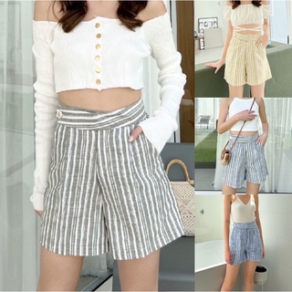 Nanta stripes shortpant กางเกงขาสั้นเอวสูง ขอบยื่น ลายริ้วลายทางผ้าลินิน