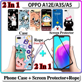 2 IN 1 เคส OPPO A12E A3S A5 เคส พร้อมกระจกนิรภัย โค้ง เซรามิค ป้องกันหน้าจอ แมว และโดราเอมอน