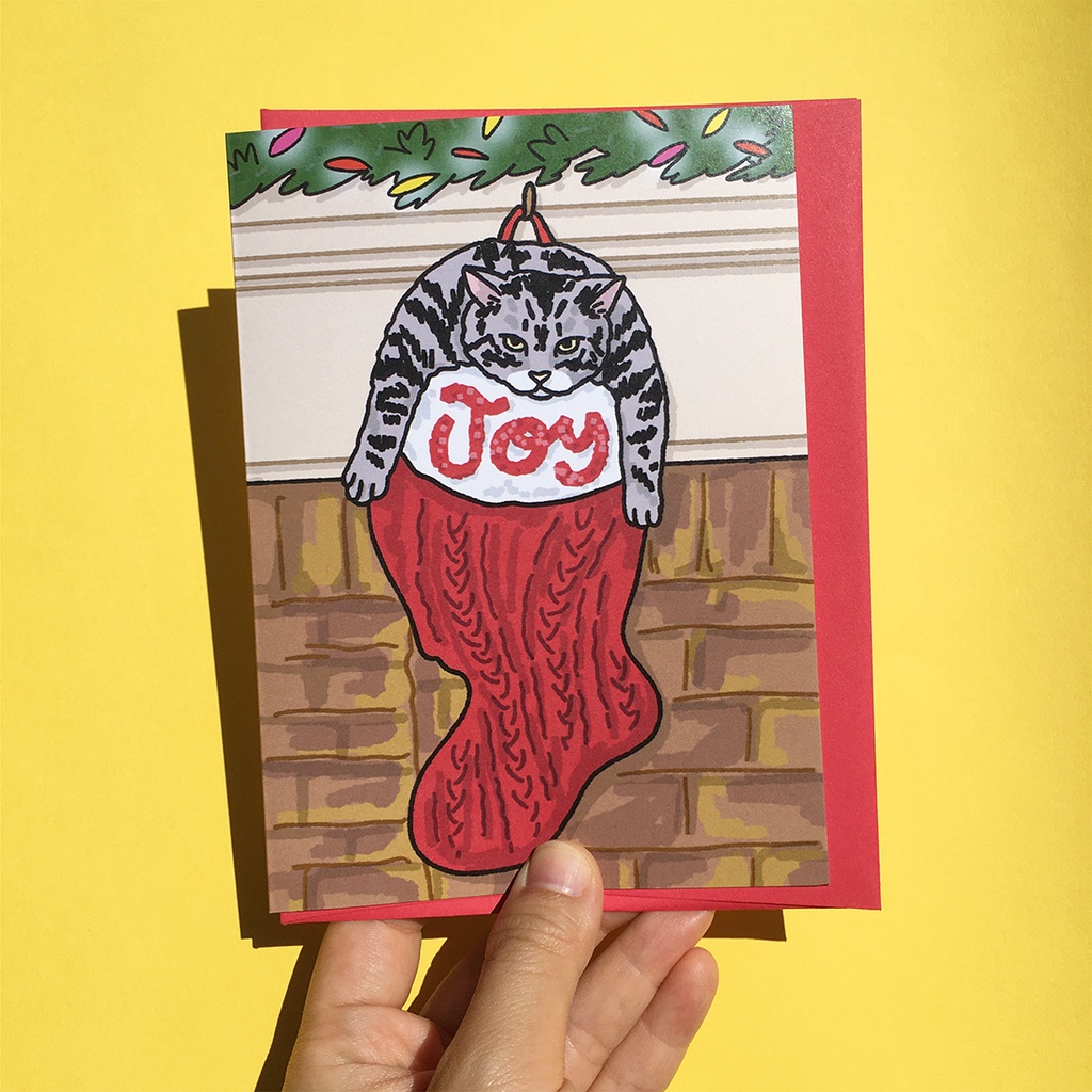 การ์ด คริสต์มาส ลายแมวลายสีเทา Joy funny merry christmas card Santa Cat Christmas Greeting Card cat in red socks card