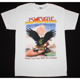 เสื้อยืดผ้าฝ้าย พิมพ์ลาย NGF32T65E Budgie Never Turn Your On A Friend73 Nwobhm Iron Maiden สีขาว สําหรับผู้ชาย O65YT669