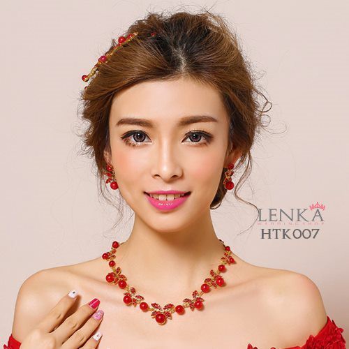MERAH Tiara สร้อยคอต่างหูคริสตัลสีแดงแพคเกจงานแต่งงานที่ทันสมัยอุปกรณ์เสริม Htk007