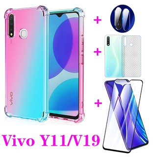 (4 in 1) VIVO Y11  Y12 Y15 Y17 Y19 V19 tempered glass film + lens film + four corners anti-drop gradient mobile phone case + carbon fiber back cover film