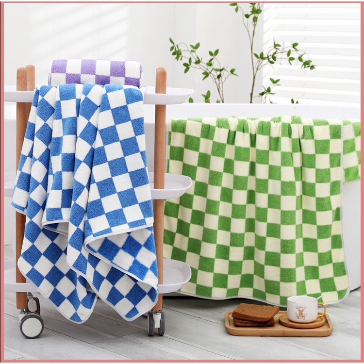 ผ้าเช็ดตัวลายหมากรุก Towel ขนเป็ด (เช็ดตัว+เช็ดผม) เซตคู่ ผ้าเนื้อนุ่ม ซับน้ำดีเยี่ยม