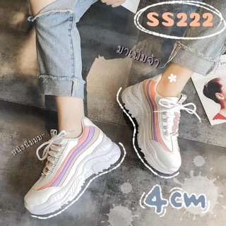 SS222 รองเท้าผ้าใบเกาหลีทรงฮิต แถบสามสี หนังนิ่ม ส้นตึก สีพาสเทลขาว/ดำ/ครีม