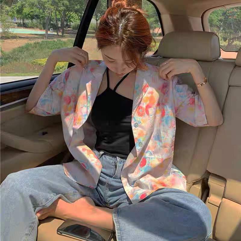 เสื้อเชิ้ตหญิง ins สไตล์การออกแบบความรู้สึกดอกไม้หญิงพอร์ตสไตล์เน็คไทเสื้อมัดย้อมผู้หญิงชุดสูทคอปกแขนสั้นผู้หญิง