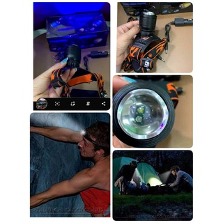 ไฟฉายคาดหัว ไฟส่องกบ DUAL LIGHT LED HEADLAMP ไฟชุด LED T6 2 ดวง ปรับไฟได้ 3แบบ สว่าง ฉุกเฉิน และสีฟ้า ปรับซูมได้