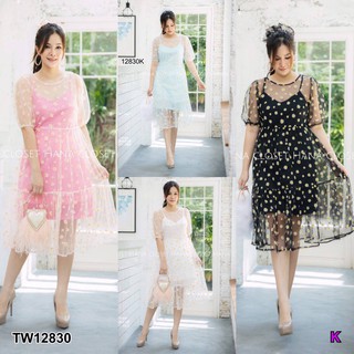 MF12830 Dress #สาวอวบ เดรสซีทรูคอกลม แขนสั้น ปริ้นลายดอกเดซี่ ผ้าซีทรูนิ่ม พร้อมเดรสสายเดี่ยวคอวี คือน่ารักเวอร์วังสุดๆ