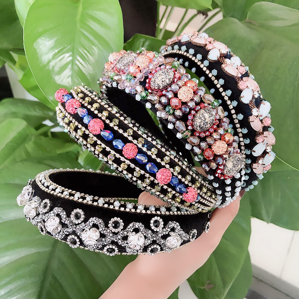 Vintage Crystal Hairbands Women Colorful Bead Headbands Handmade Wide