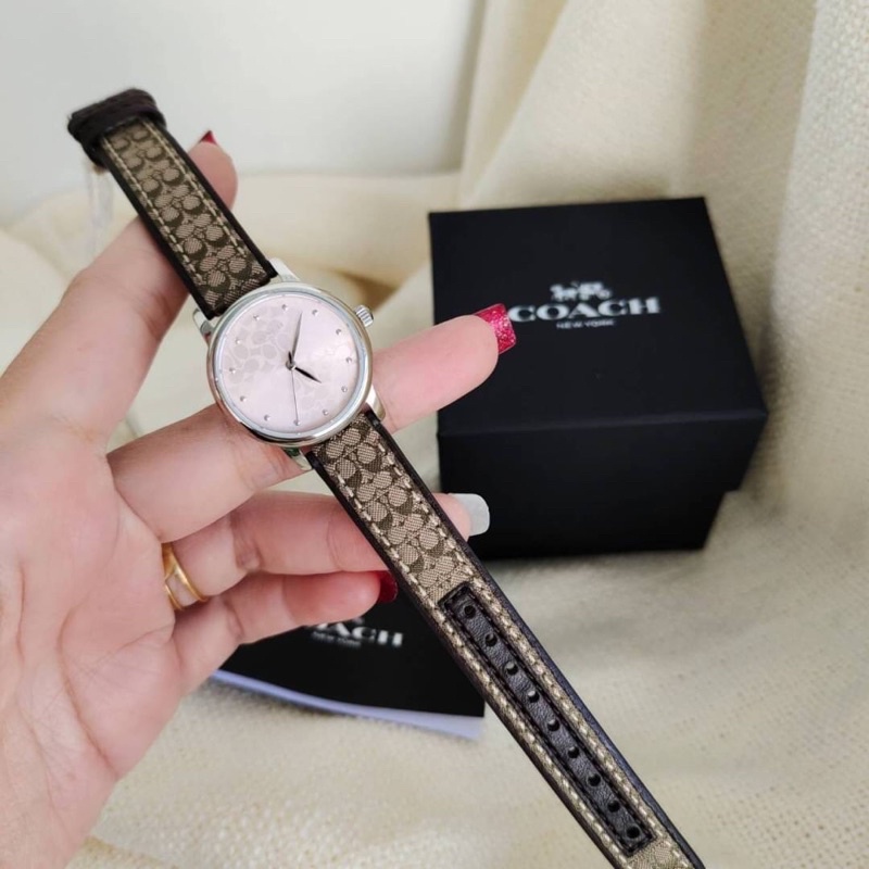 ผ่อน0%  Coach Women's Grand Papa Mujer Signature Fabric Leather Watch 14503399  สีเงินปัดCชม-สายนต.