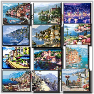 40*50cm DIY ภาพวาดสีน้ำมัน ภาพระบายสีตามตัวเลข Painting By Number on Canvas  towns along coast A