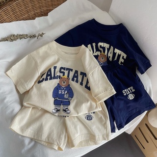 ฤดูร้อนใหม่ เด็กผู้ชาย กีฬา ลําลอง พิมพ์ลายตัวอักษร แขนสั้น เสื้อยืด + กางเกงขาสั้น ชุดสองชิ้น