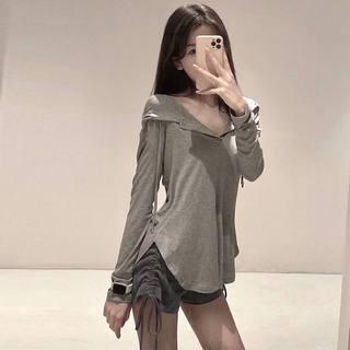 เสื้อยืดแขนยาว คอวี มีฮู้ด และกางเกงขายาว ป้องกันแดด แฟชั่นฤดูใบไม้ผลิ สไตล์เกาหลี สําหรับผู้หญิง