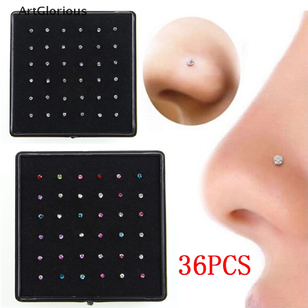 【art】 36X Crystal Rhinestone Nose Ring Bone Stud Stainless Steel Body ...