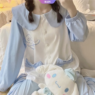 ชุดนอนแขนยาว คอตุ๊กตา ลายการ์ตูน Cinnamoroll น่ารัก สองชิ้น สไตล์ญี่ปุ่น สําหรับเด็กผู้หญิง [RAIN]