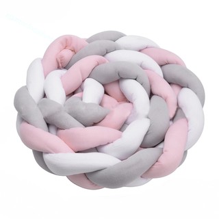 Baby Crib Bumper Knotted Braided Plush(2 Meters, White-Gray-Pink)