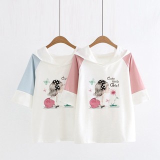 Kawaii​ เสื้อแขนสั้นมีฮู้ดลาย​ Cute Little girl
