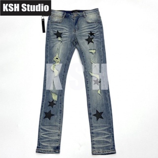 AMIRI Blue Jeans Stars Patch  High Street Stretch Slim Feet Mens Slp Pants