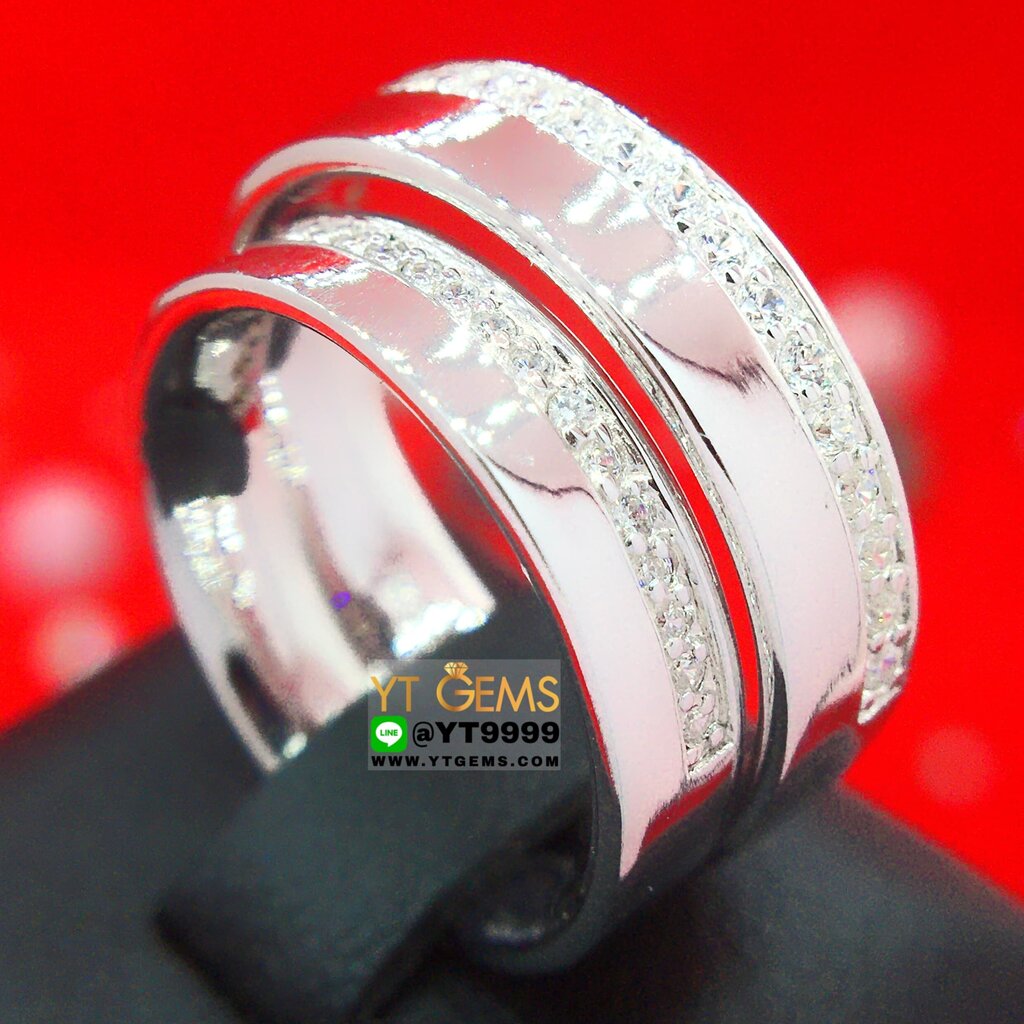 แหวนคู่ แหวนเพชร แหวนเงินแท้ 92.5% ชุบทองคำขาว ประดับ เพชร Swiss แหวนปลอกมีด หน้าแหวน 4.8 มิลลิเมตร 