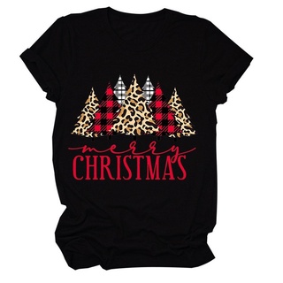 Christmas Leopard Tree T Shirt Women Short Sleeve O Neck Tshirt Women Causal Tee Shirt Tops T-shirtเสื้อยืดผู้หญิง