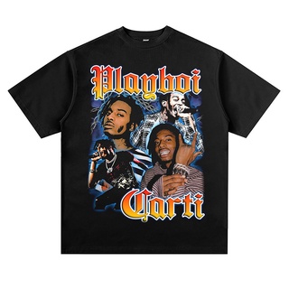 [100% Cotton] เสื้อยืดแขนสั้น ทรงหลวม พิมพ์ลาย Homage hip hop rap Playboy Carti สไตล์วินเทจ