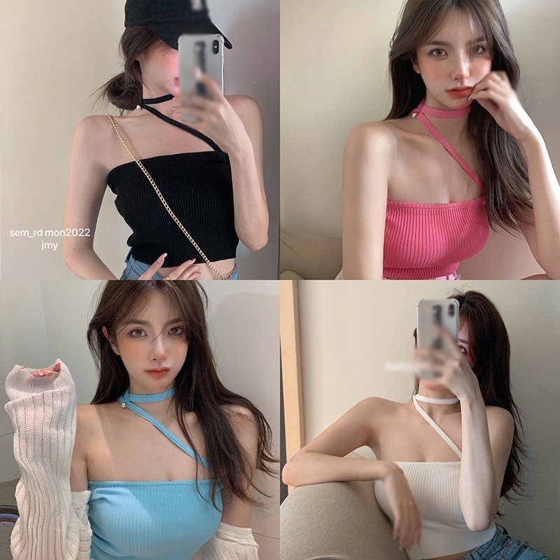 เสื้อกล้ามสายเดี่ยว ผ้าถัก เข้ารูปเซ็กซี่ สีพื้น สไตล์เกาหลี สําหรับผู้หญิง