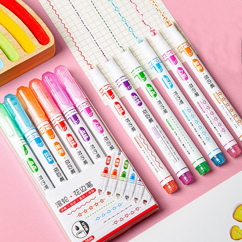 พร้อมส่ง‼ 6 ชิ้น/ชุด ปากกาเน้นข้อความ แบบเส้นหยัก พิมพ์ลายกราฟฟิตี้ ดอกไม้