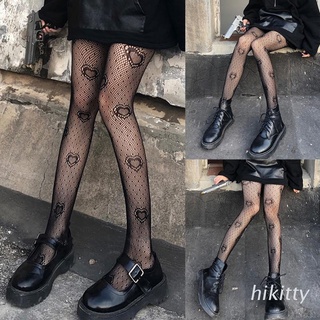 HIK Women Black Heart Dot Jacquard Fishnet Pantyhose Punk Hollow Out Tights Stocking