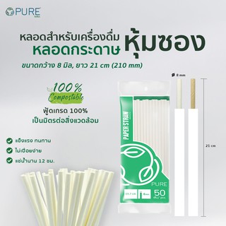 (1,500 เส้น/ลัง)หลอดกระดาษ 8 มิล ความยาว 21 ซม. ห่อกระดาษ หลอดOPure หลอดสมูทตี้ หลอดหุ้มซอง หลอดย่อยสลาย Paper straw