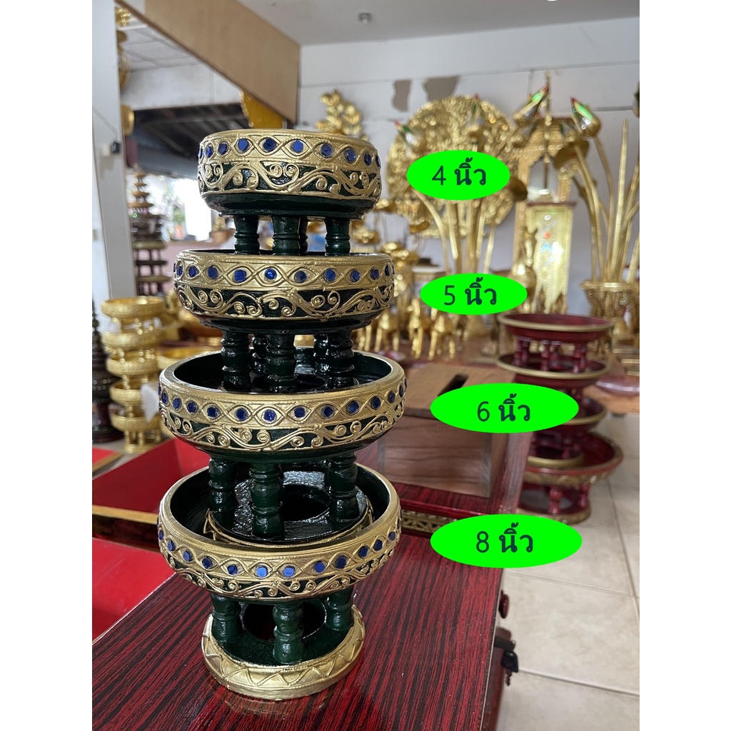ขันโตกไม้ ขันโตก พานไม้ สีเขียวมรกต 4 ไซส์ พานโตก ลายหนอน แต่งเส้นทองลายไทย กลมกลืน ในโทนสีเย็นด้วย กระจกน้ำเงิน