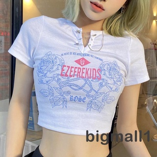 BIGMALL-Women´s Rib Knit Crop Tops, Safety Pin Notched Neck Short Sleeve Rose Print T-Shirts