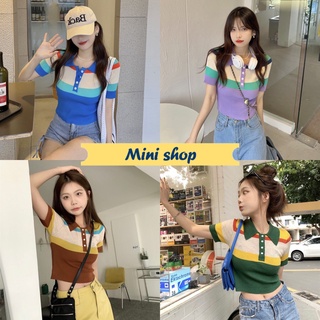 Mini shop🌸พร้อมส่ง🌸 (47151) เสื้อไหมพรมแขนสั้น คอปก สีสันสดใสมากกระดุมแกะได้ -C