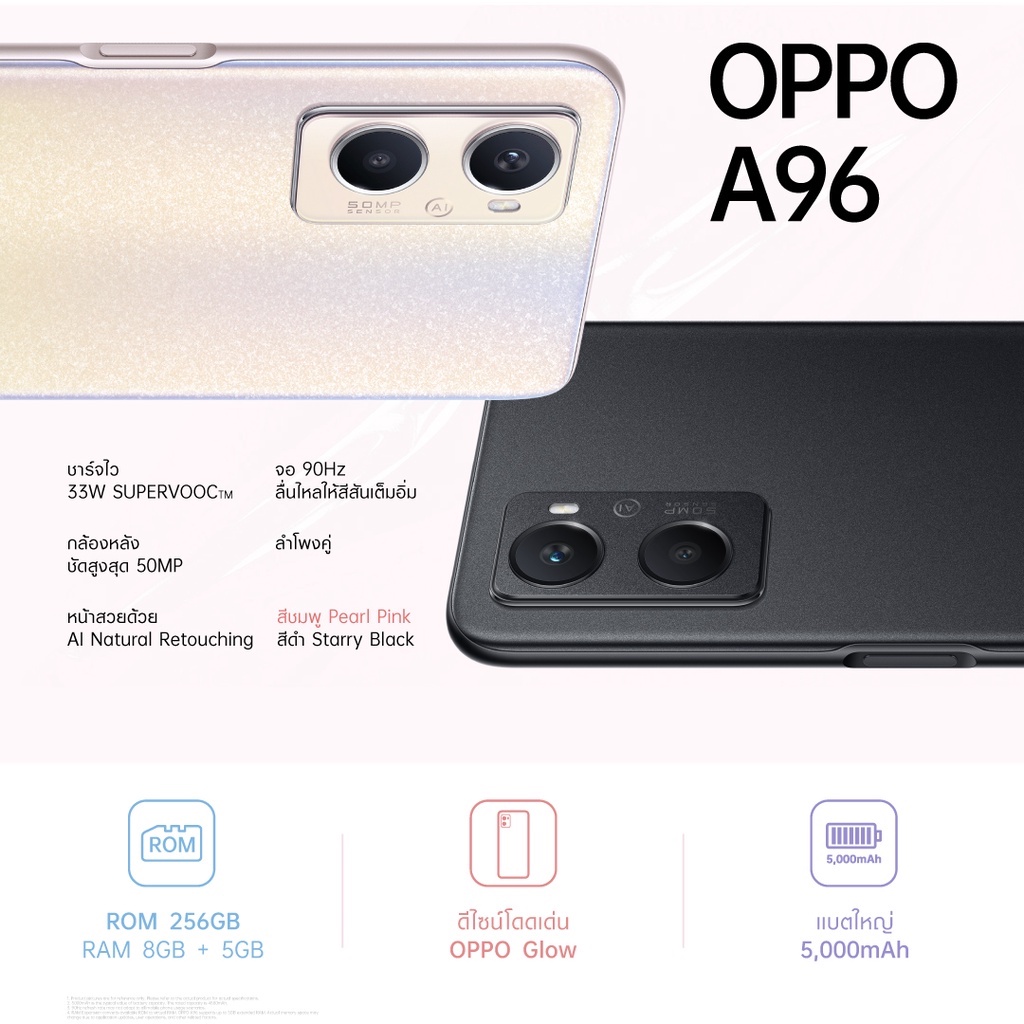 [New]  OPPO A96 (8GB+256GB) หน้าจอ 5.69" แบตฯ 5000 mAh + ชาร์จไว 33W ประกันศูนย์ไทย 1 ปี